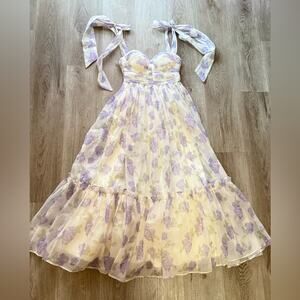 morning lavender debra purple & white floral sweetheart bow detil maxi dress